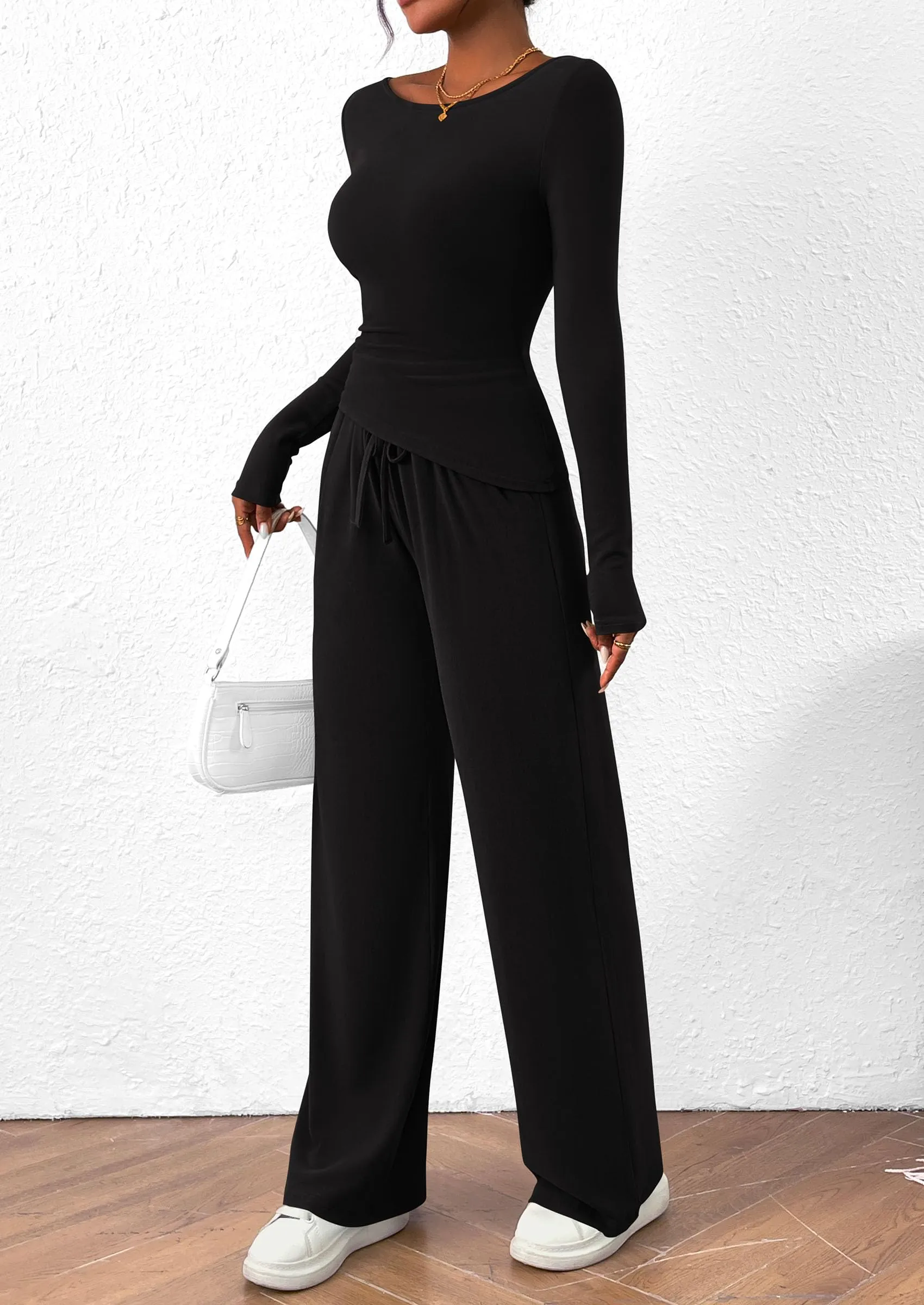 Asymmetrical Long Sleeve T-Shirt Wide Leg Pants Casual 2 Piece Sets