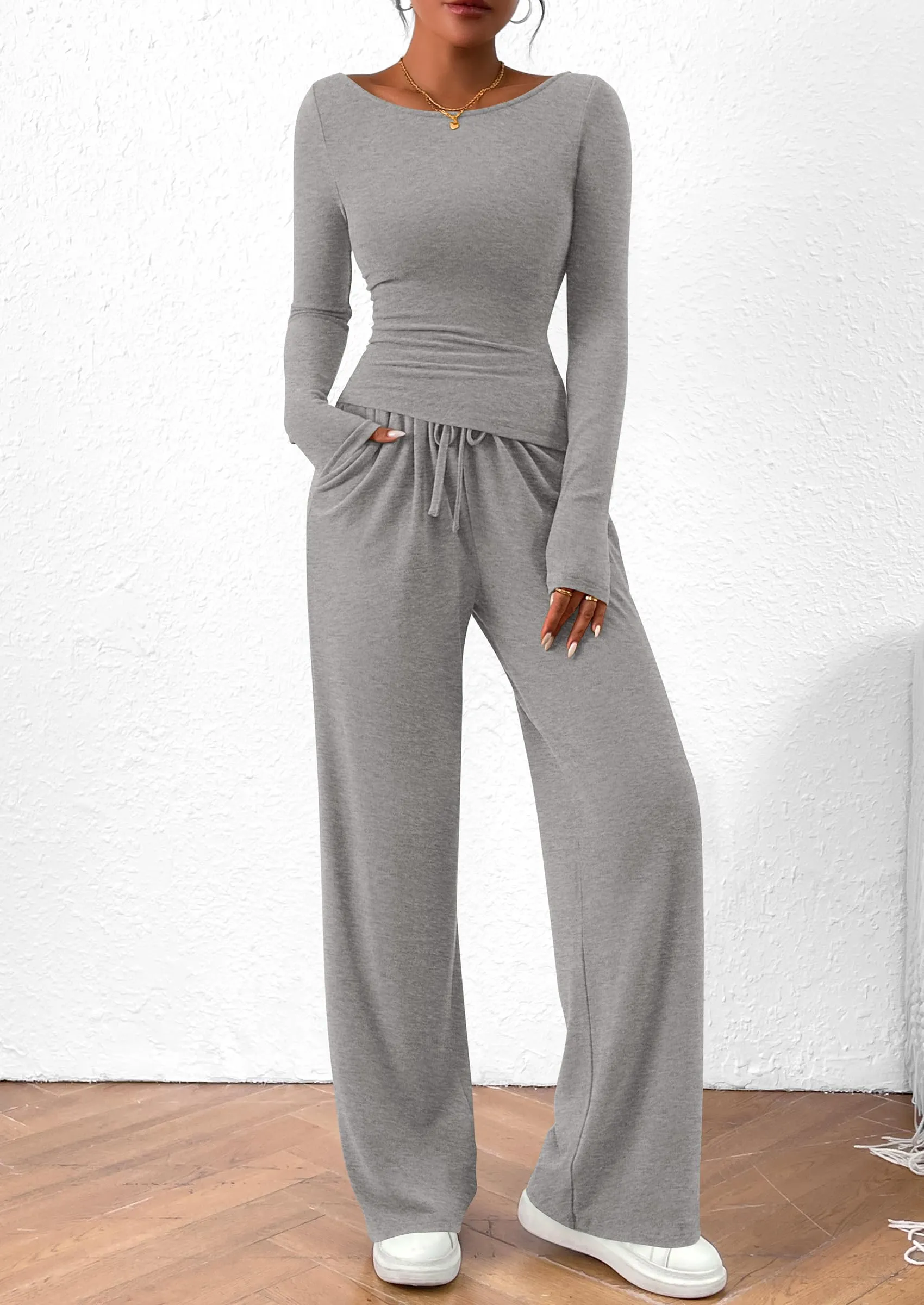 Asymmetrical Long Sleeve T-Shirt Wide Leg Pants Casual 2 Piece Sets