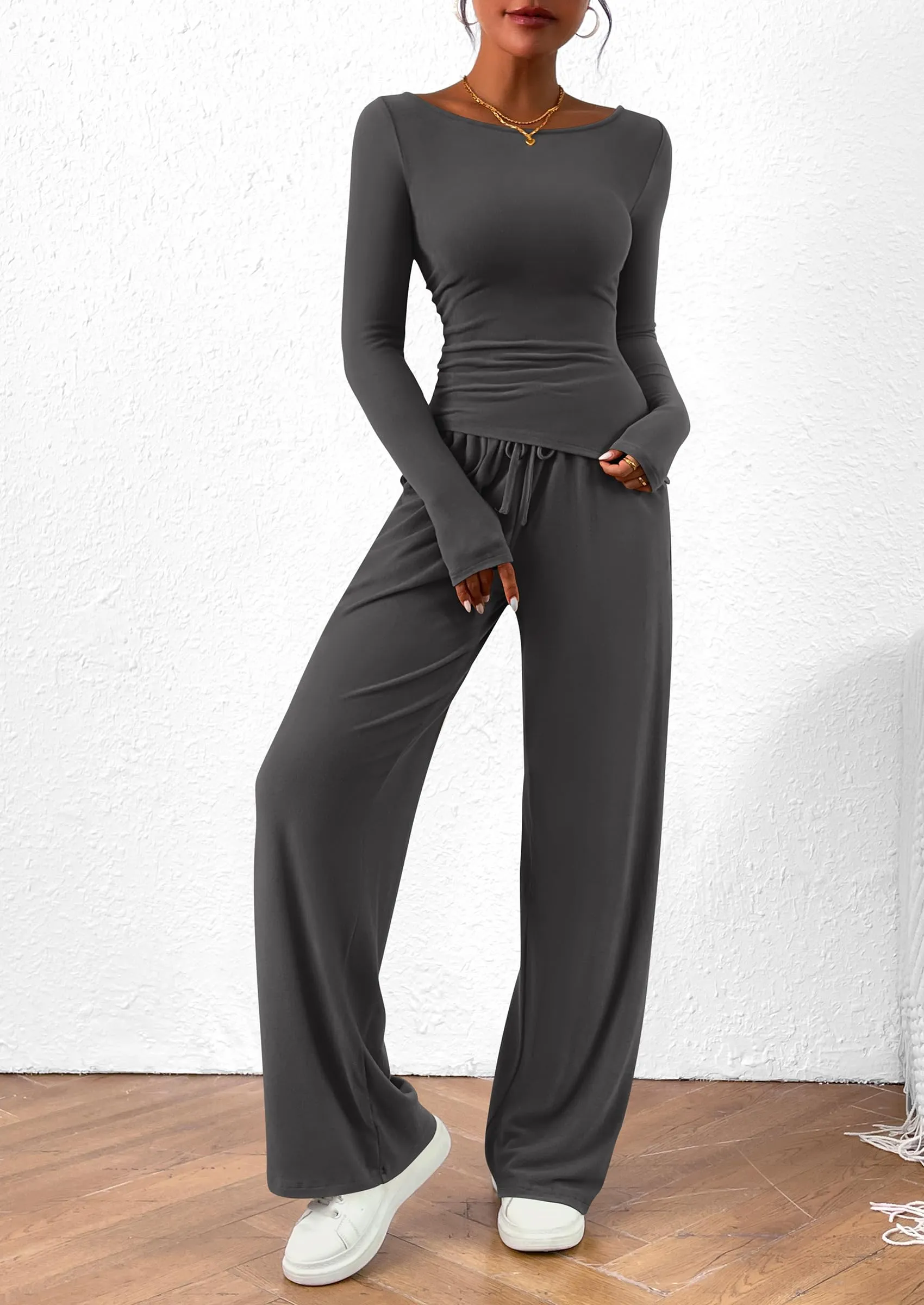Asymmetrical Long Sleeve T-Shirt Wide Leg Pants Casual 2 Piece Sets