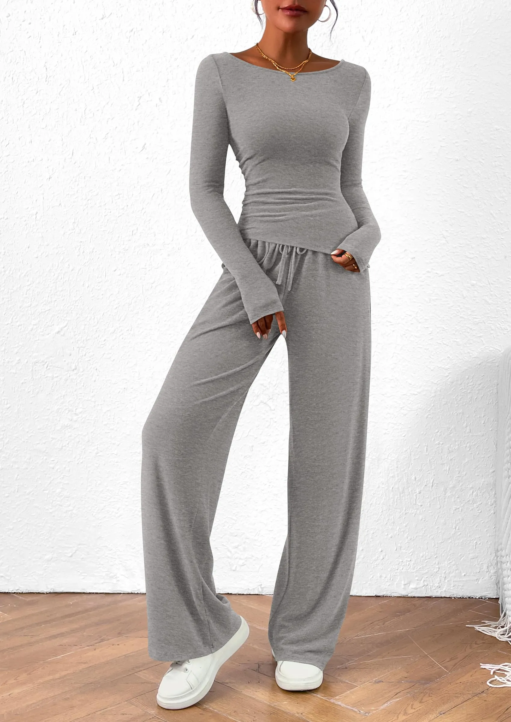 Asymmetrical Long Sleeve T-Shirt Wide Leg Pants Casual 2 Piece Sets