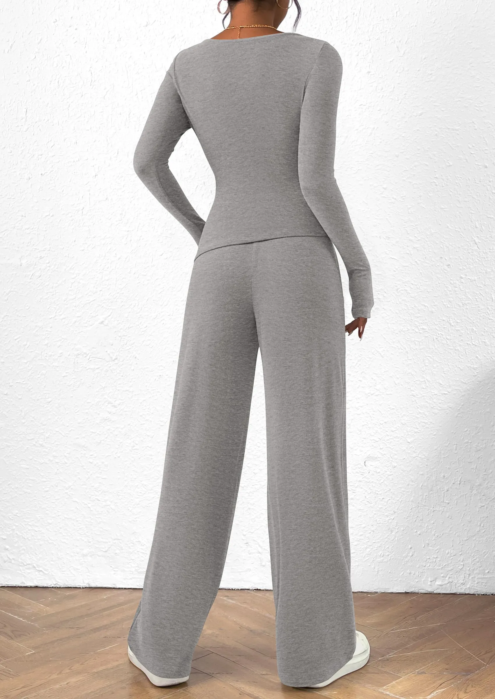 Asymmetrical Long Sleeve T-Shirt Wide Leg Pants Casual 2 Piece Sets