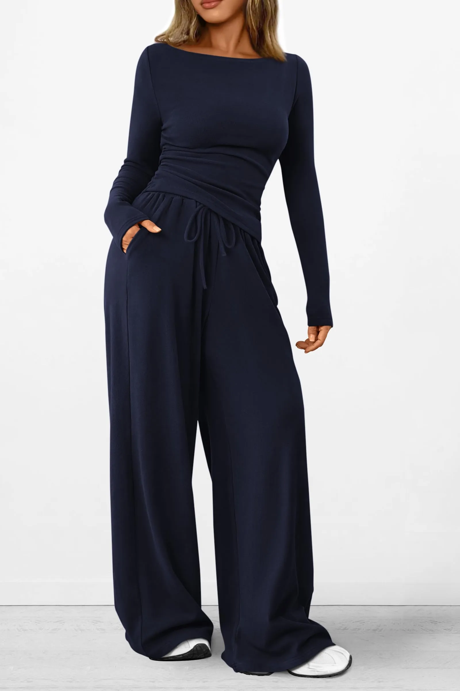 Asymmetrical Long Sleeve T-Shirt Wide Leg Pants Casual 2 Piece Sets