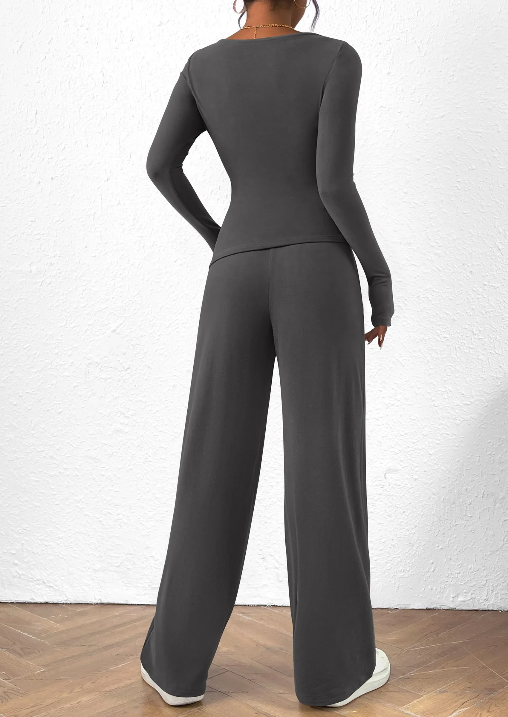 Asymmetrical Long Sleeve T-Shirt Wide Leg Pants Casual 2 Piece Sets
