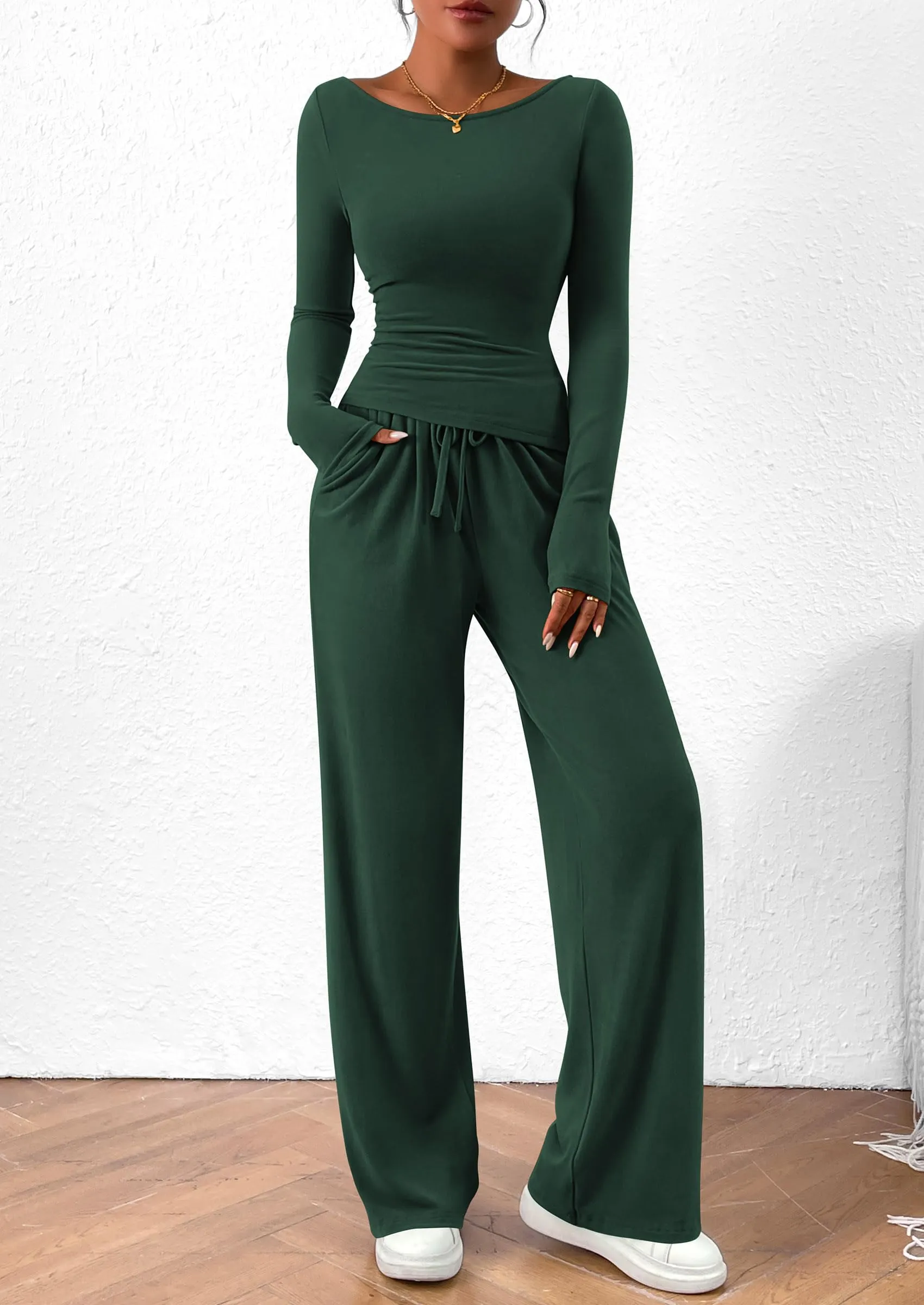 Asymmetrical Long Sleeve T-Shirt Wide Leg Pants Casual 2 Piece Sets