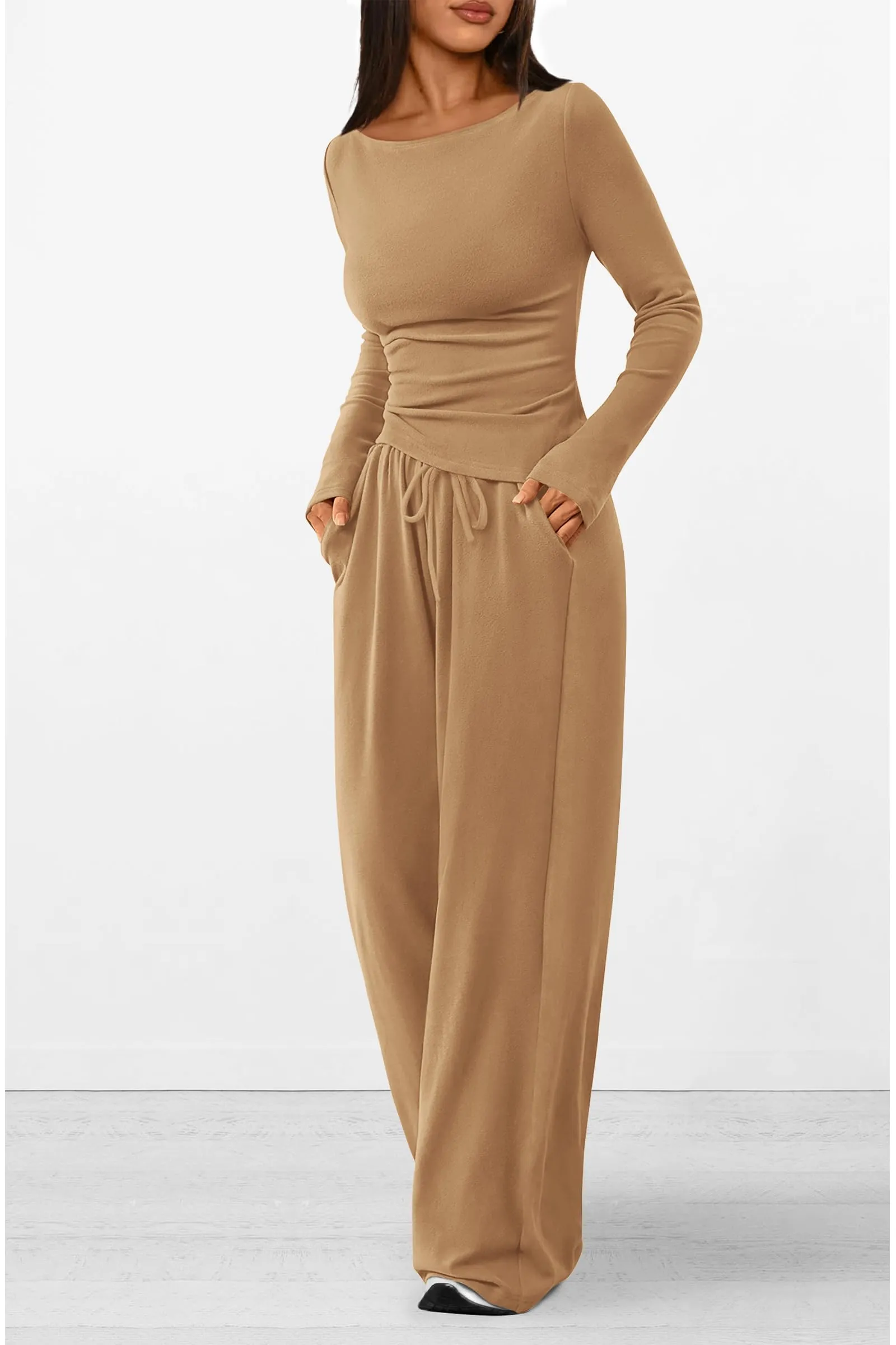 Asymmetrical Long Sleeve T-Shirt Wide Leg Pants Casual 2 Piece Sets