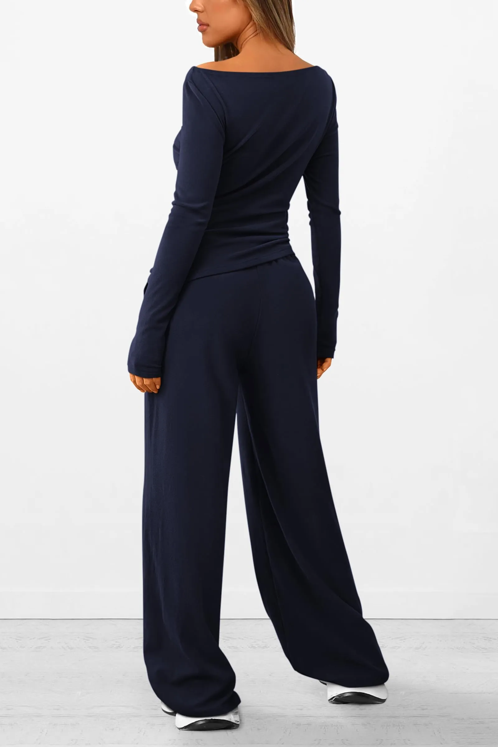 Asymmetrical Long Sleeve T-Shirt Wide Leg Pants Casual 2 Piece Sets