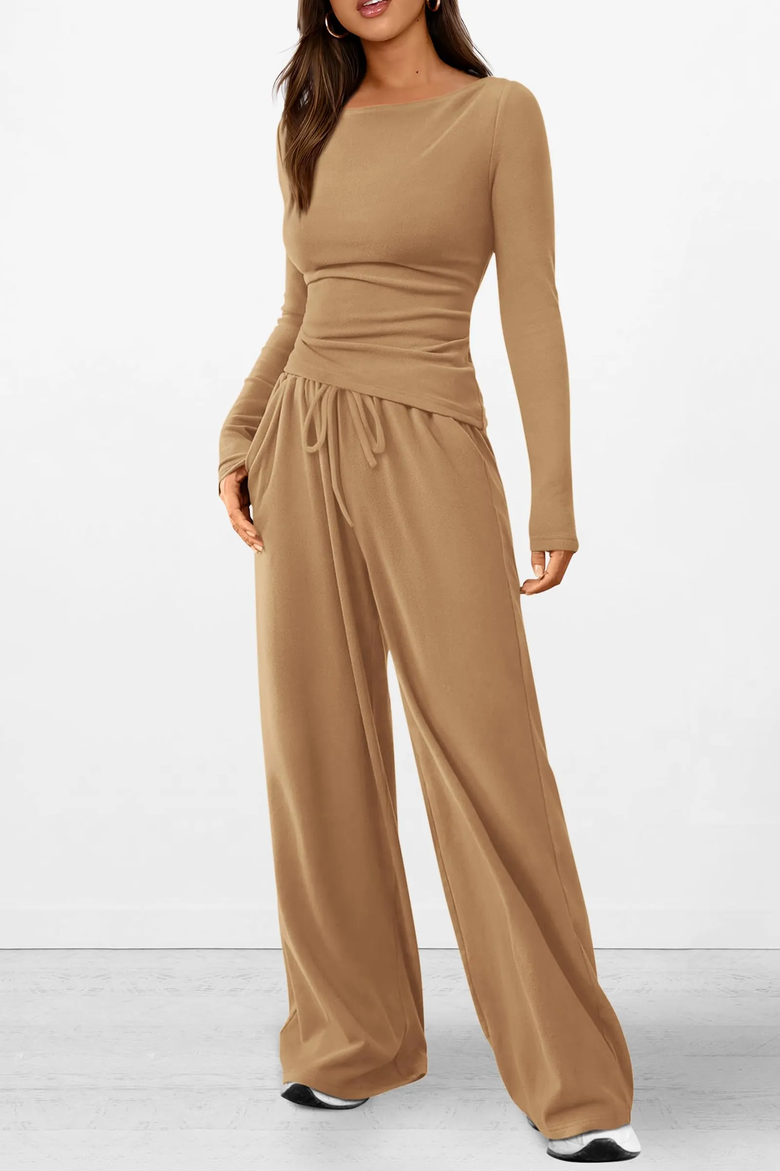 Asymmetrical Long Sleeve T-Shirt Wide Leg Pants Casual 2 Piece Sets