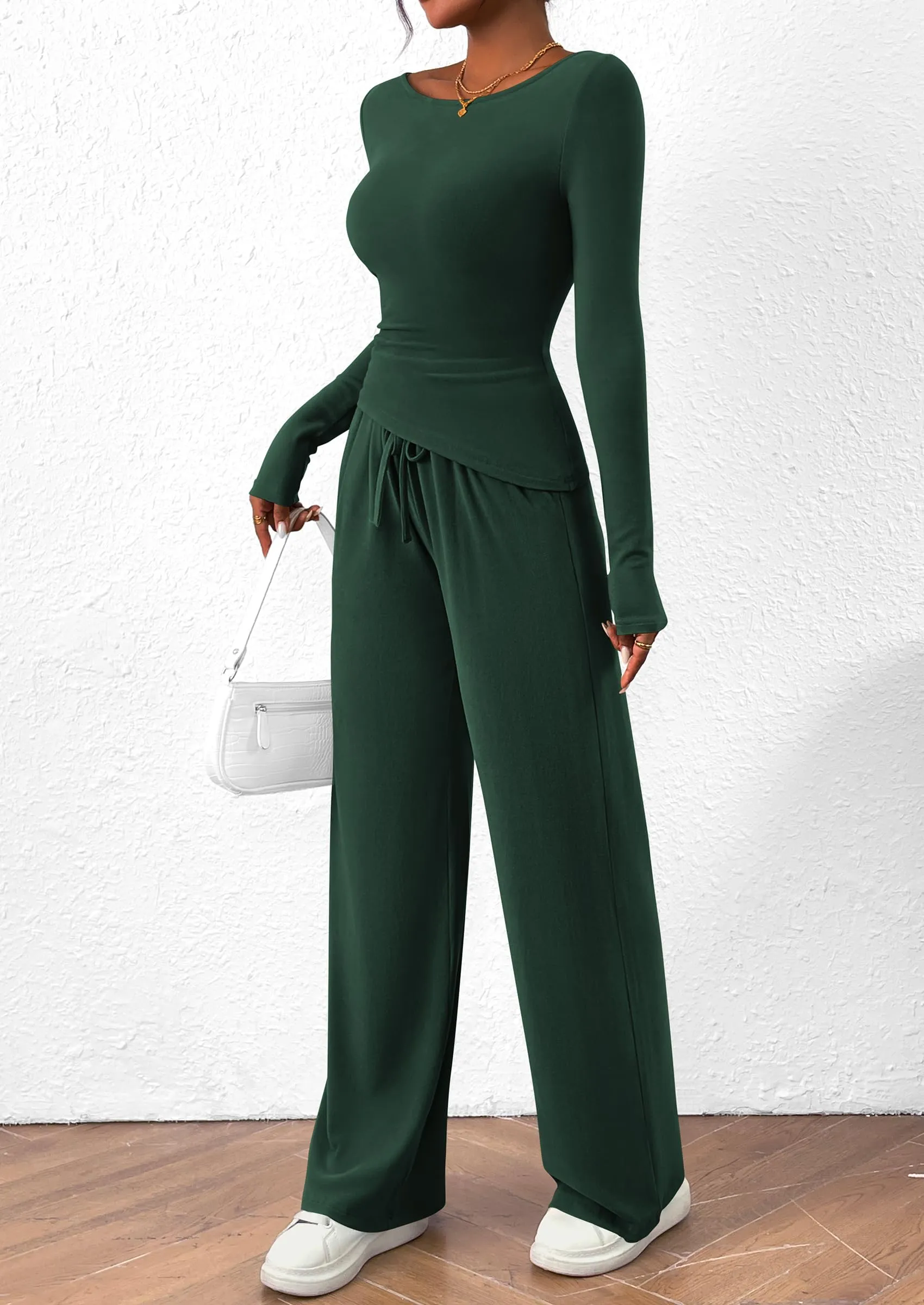 Asymmetrical Long Sleeve T-Shirt Wide Leg Pants Casual 2 Piece Sets