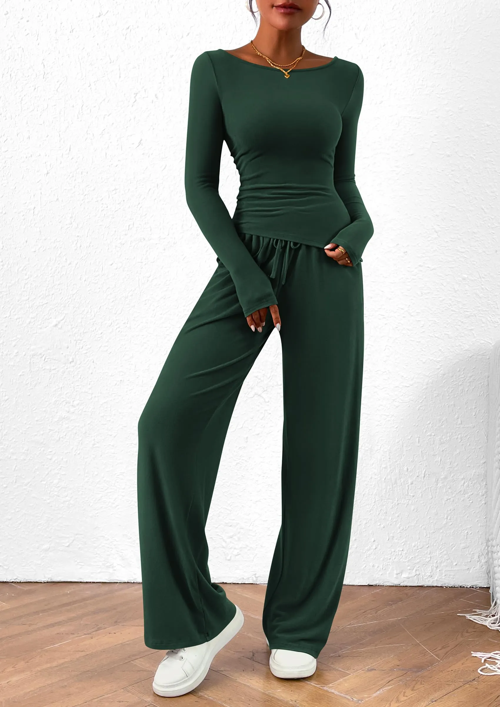 Asymmetrical Long Sleeve T-Shirt Wide Leg Pants Casual 2 Piece Sets