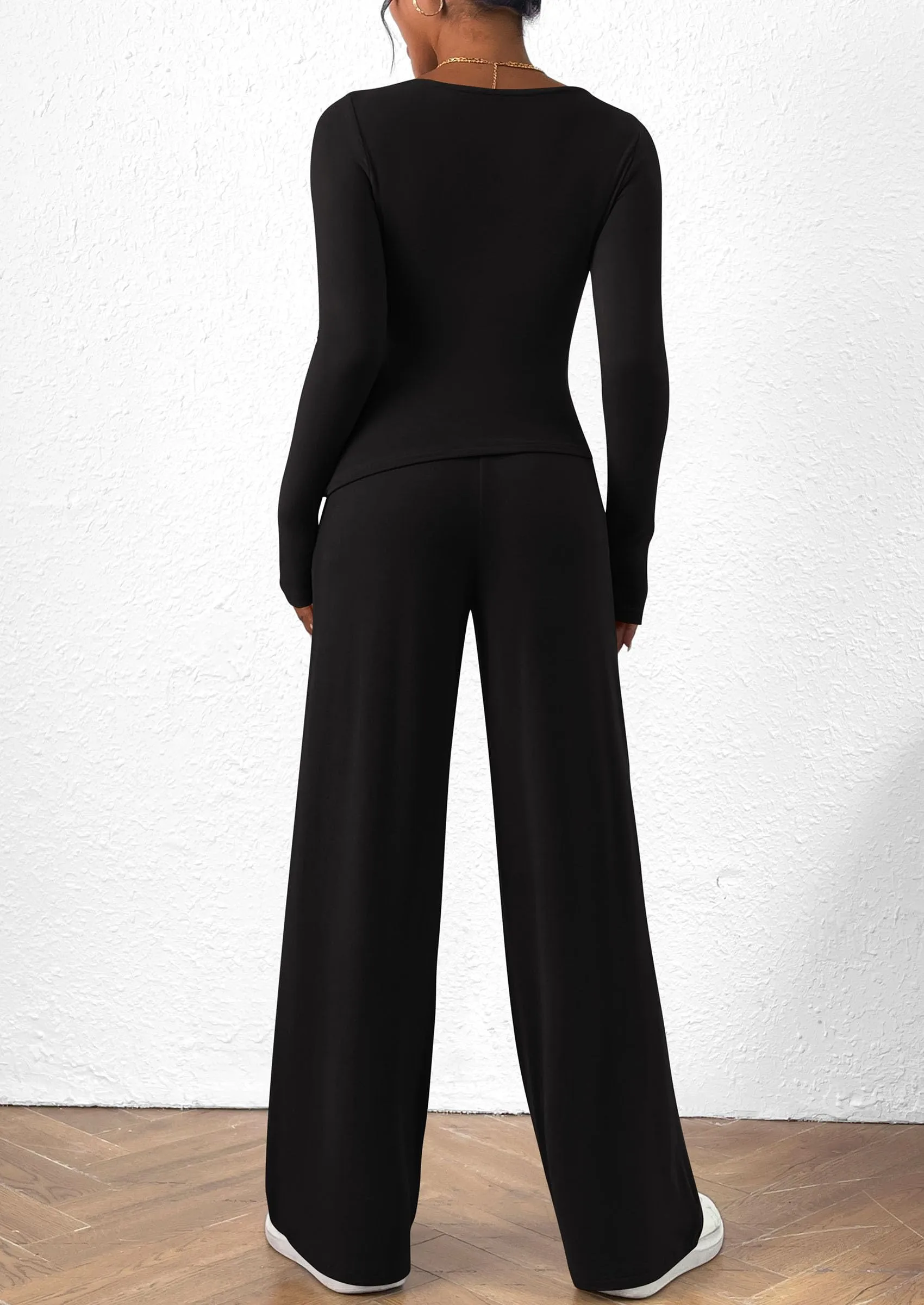 Asymmetrical Long Sleeve T-Shirt Wide Leg Pants Casual 2 Piece Sets