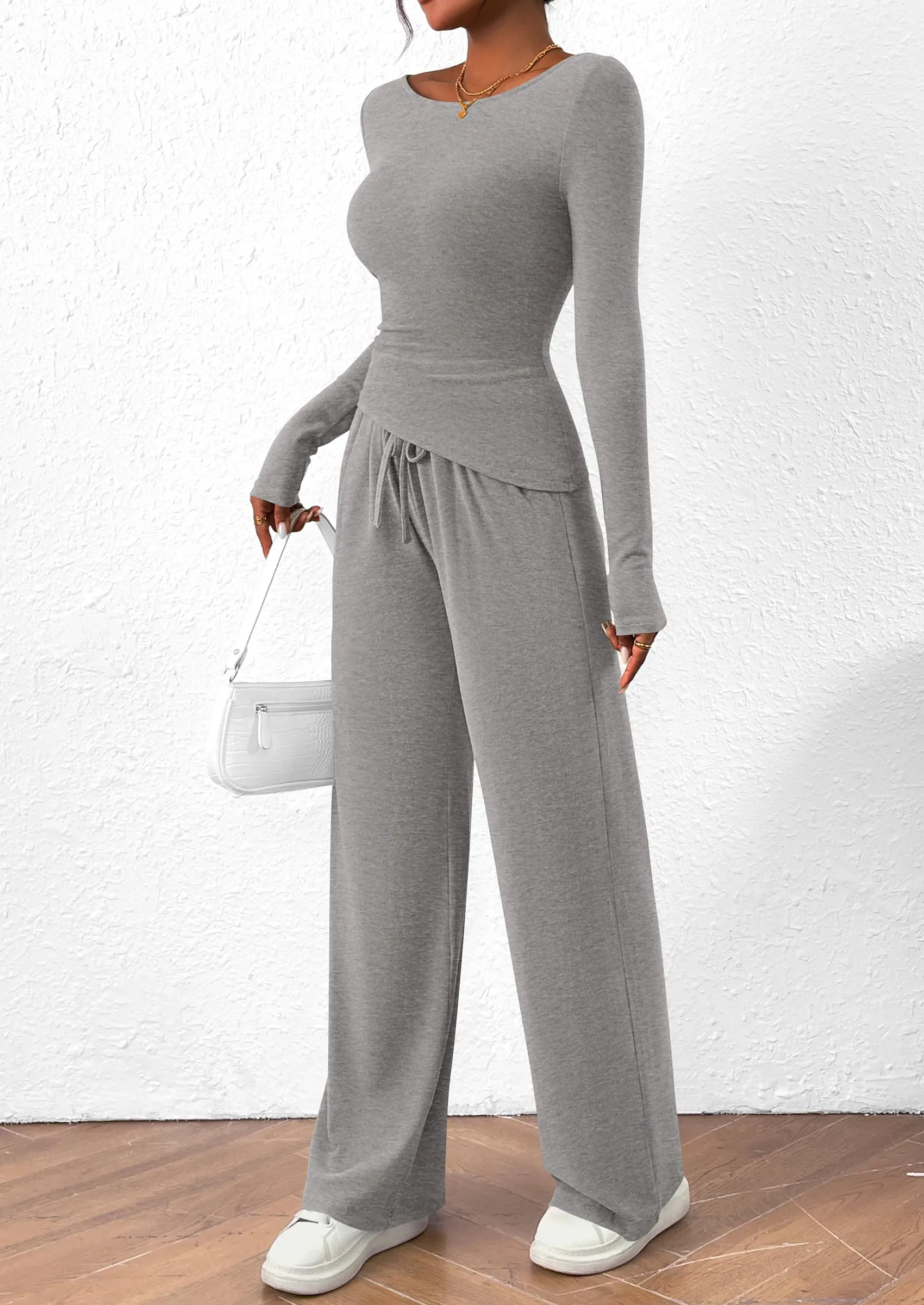 Asymmetrical Long Sleeve T-Shirt Wide Leg Pants Casual 2 Piece Sets