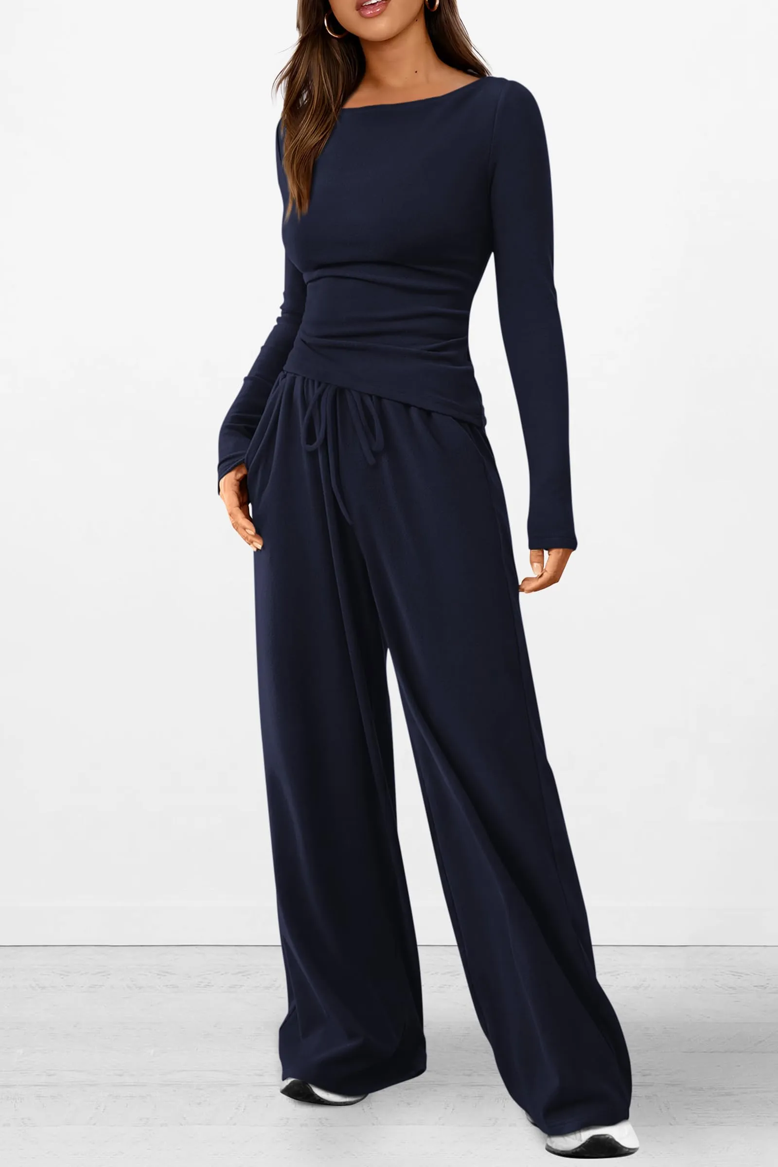 Asymmetrical Long Sleeve T-Shirt Wide Leg Pants Casual 2 Piece Sets