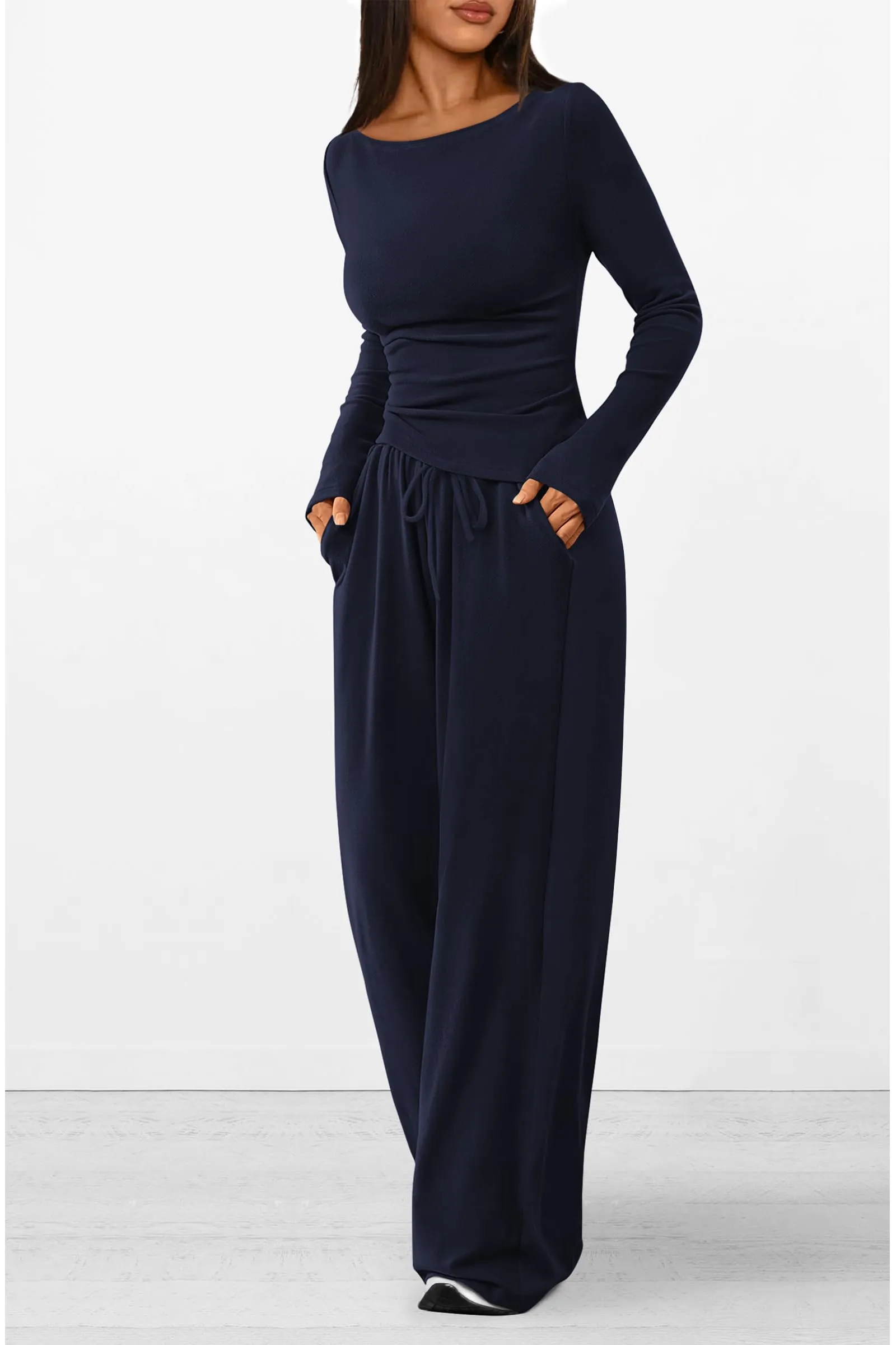 Asymmetrical Long Sleeve T-Shirt Wide Leg Pants Casual 2 Piece Sets