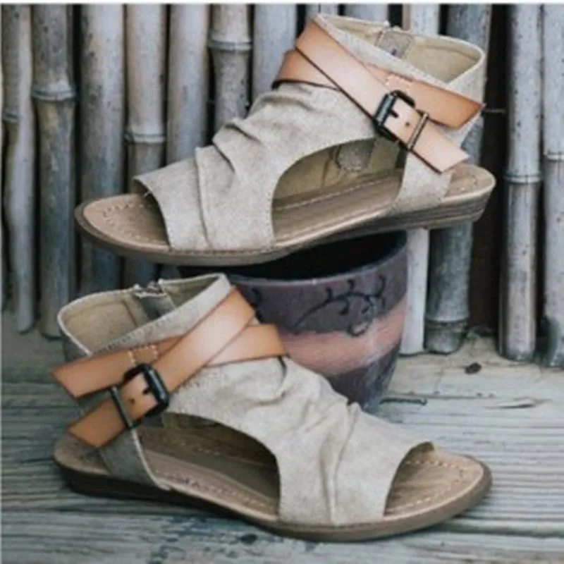 Belt Buckle Cowboy Cloth Roman Low Wedge Heel Open Toe Flat Sandals