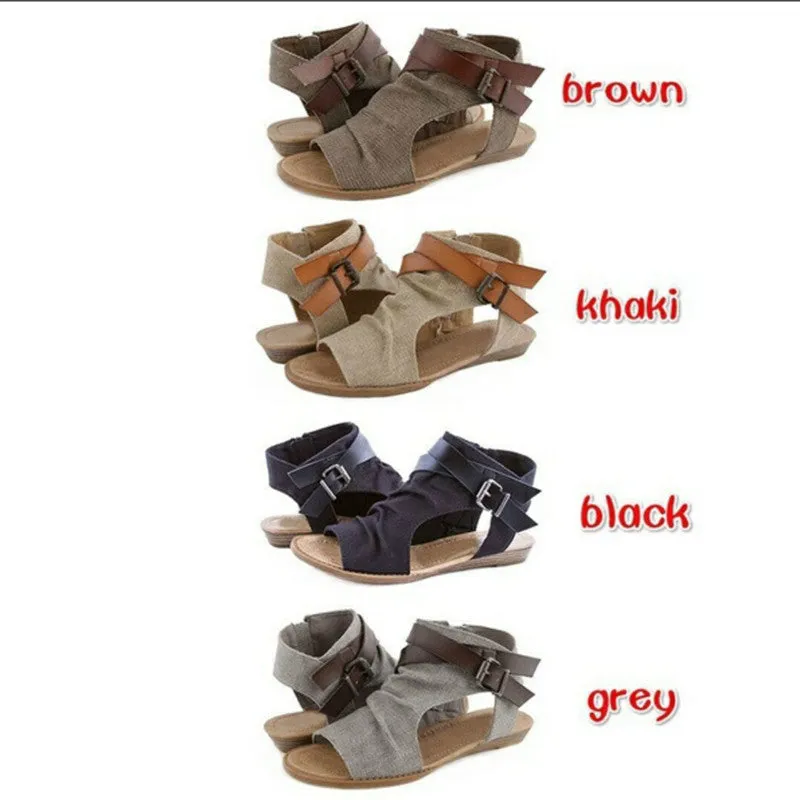 Belt Buckle Cowboy Cloth Roman Low Wedge Heel Open Toe Flat Sandals