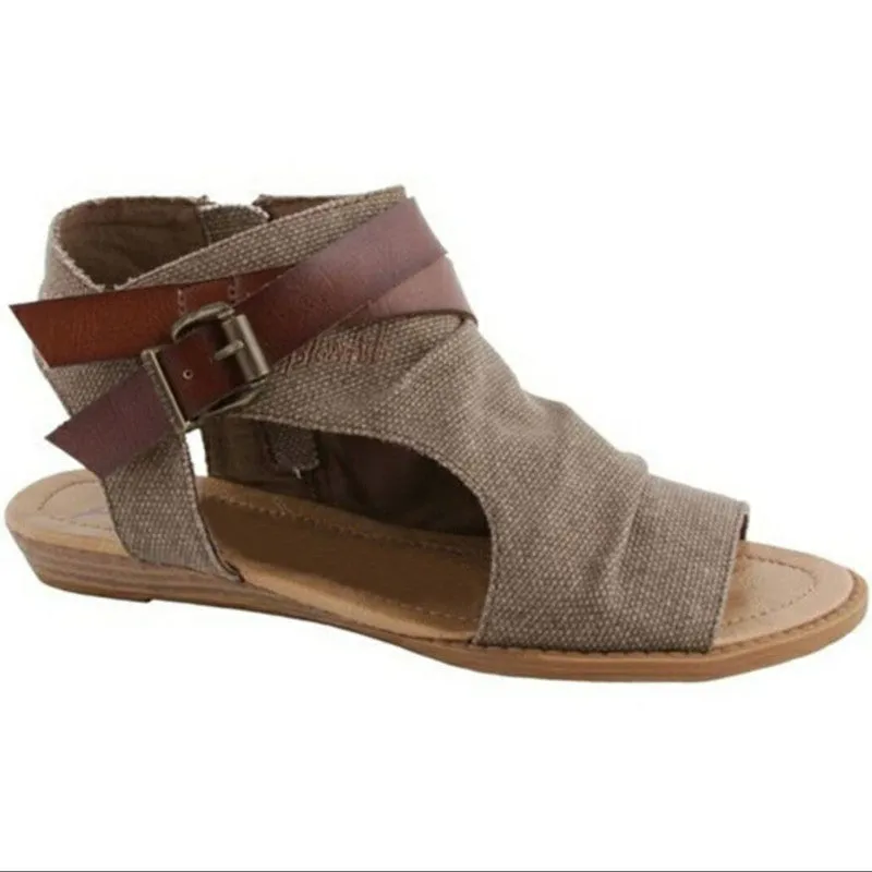 Belt Buckle Cowboy Cloth Roman Low Wedge Heel Open Toe Flat Sandals