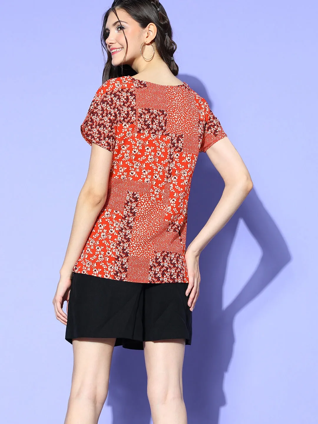 Berrylush Women Red & Off-White Floral Printed Square Neck Regular Top