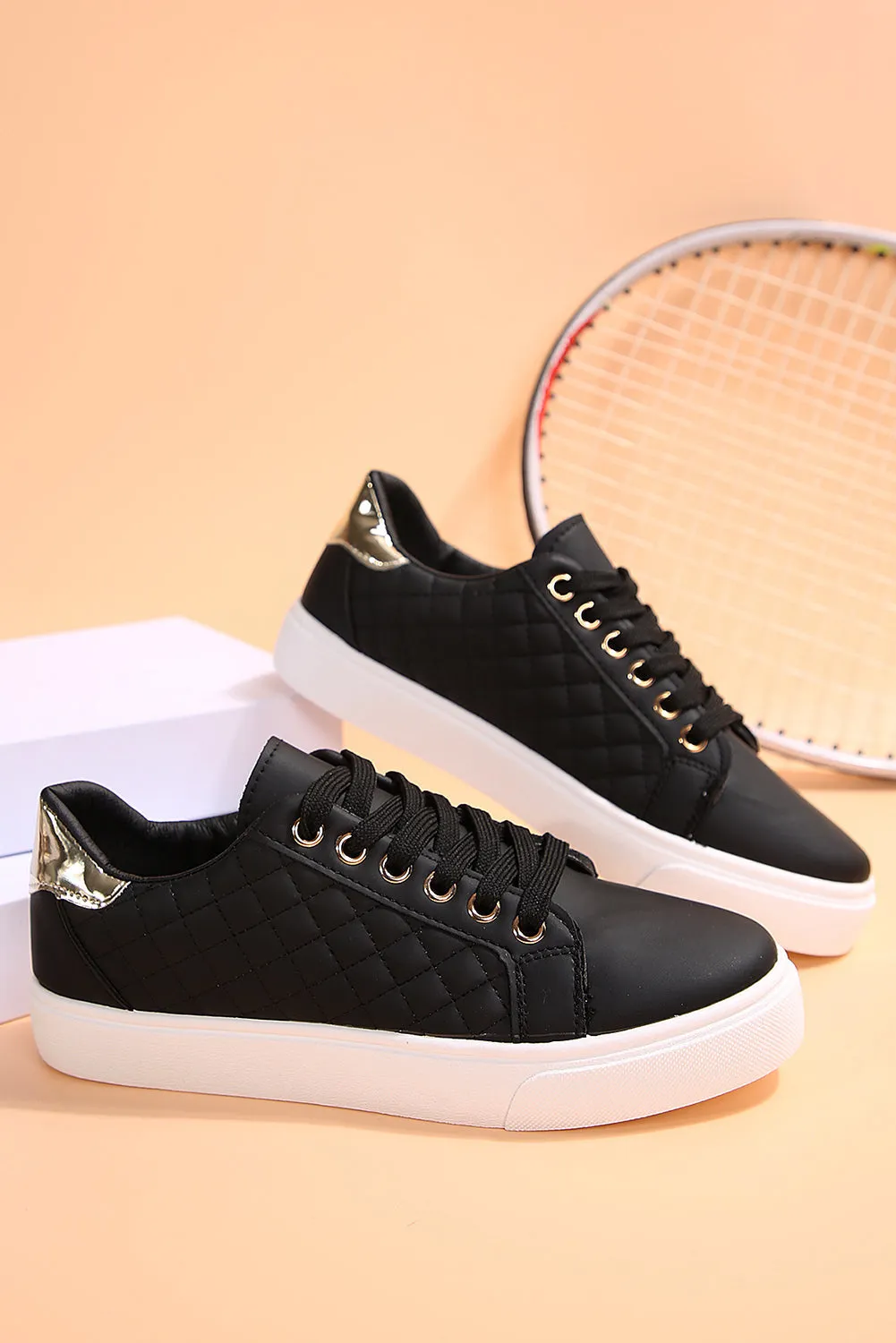 Black Quilted Lack Up Sneakers