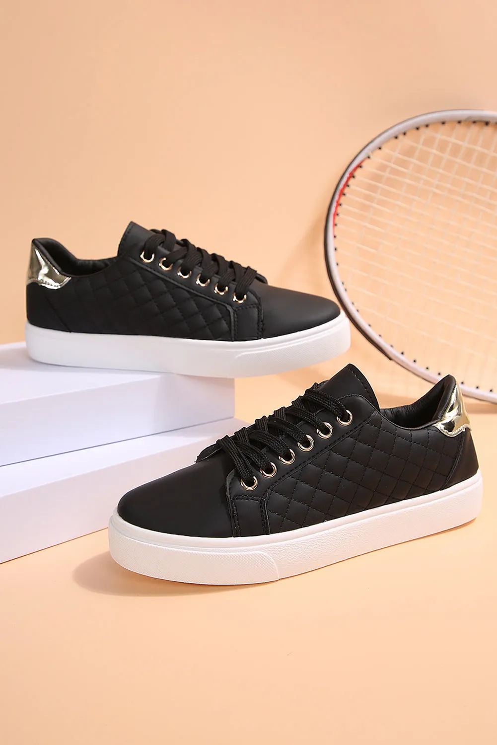 Black Quilted Lack Up Sneakers