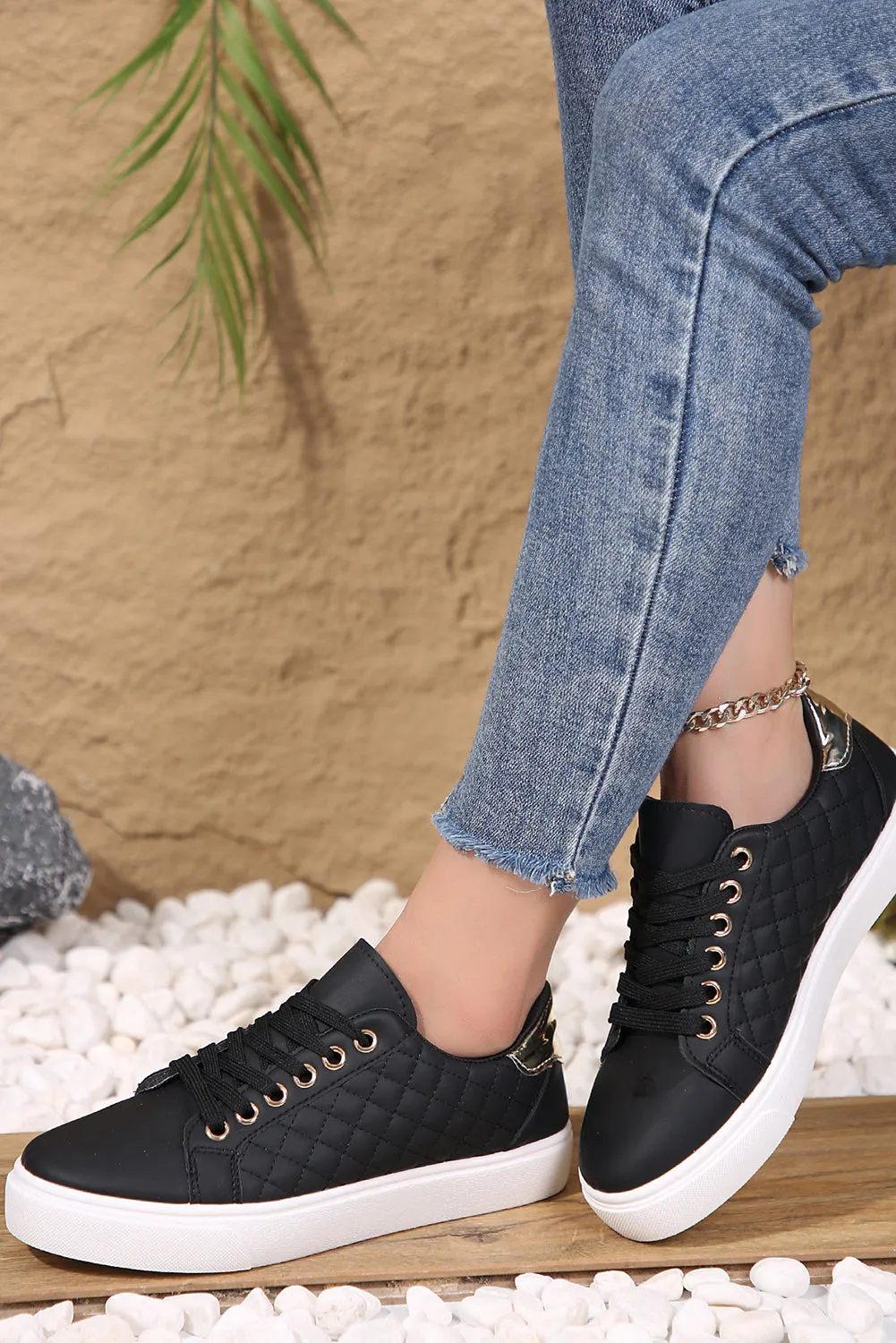 Black Quilted Lack Up Sneakers