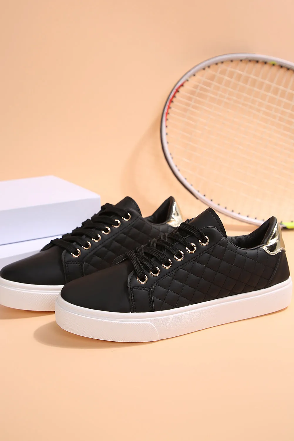 Black Quilted Lack Up Sneakers