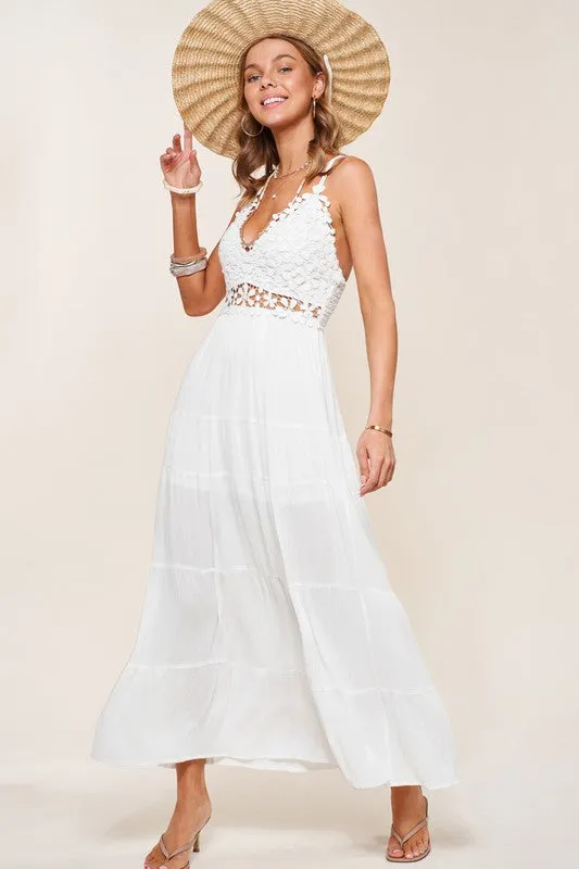 Boho Crochet Lace Tiered Lightweight Maxi Slip Dress