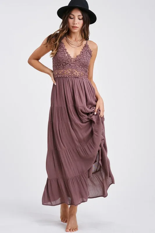 Boho Crochet Lace Tiered Lightweight Maxi Slip Dress