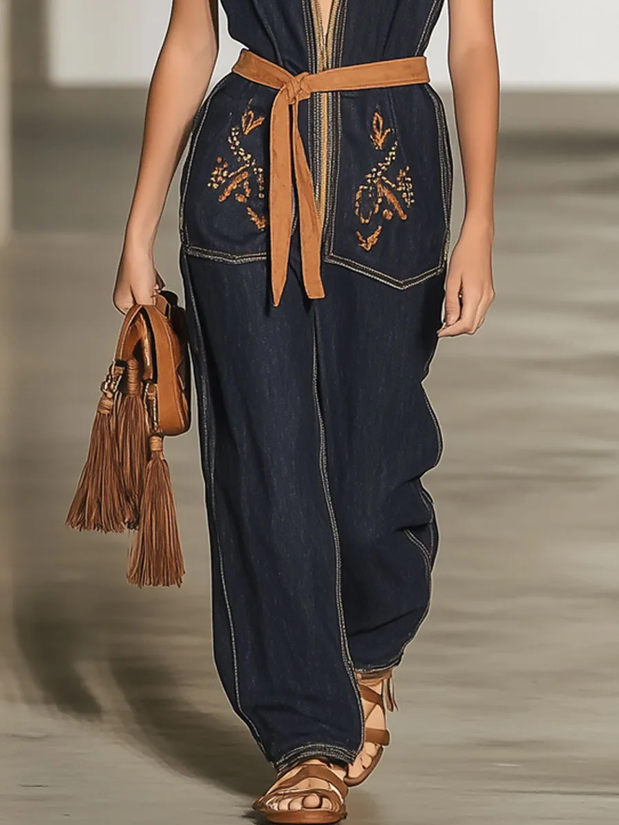 Casual Loose Retro Embroidered Navy Denim Zipper Sleeveless Hooded Jumpsuit