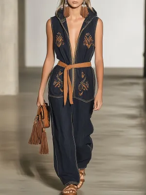 Casual Loose Retro Embroidered Navy Denim Zipper Sleeveless Hooded Jumpsuit
