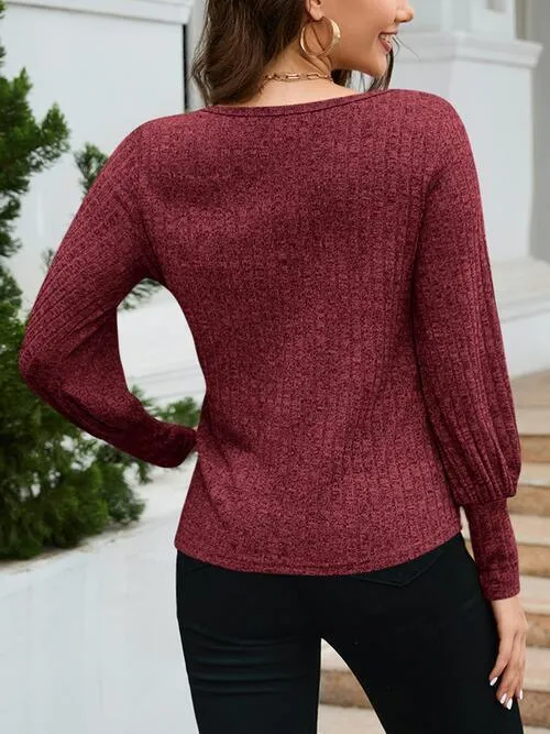 Casual Warmth Balloon Sleeve Ribbed Knit Sweater