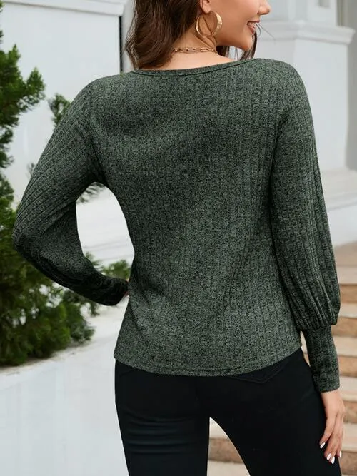 Casual Warmth Balloon Sleeve Ribbed Knit Sweater