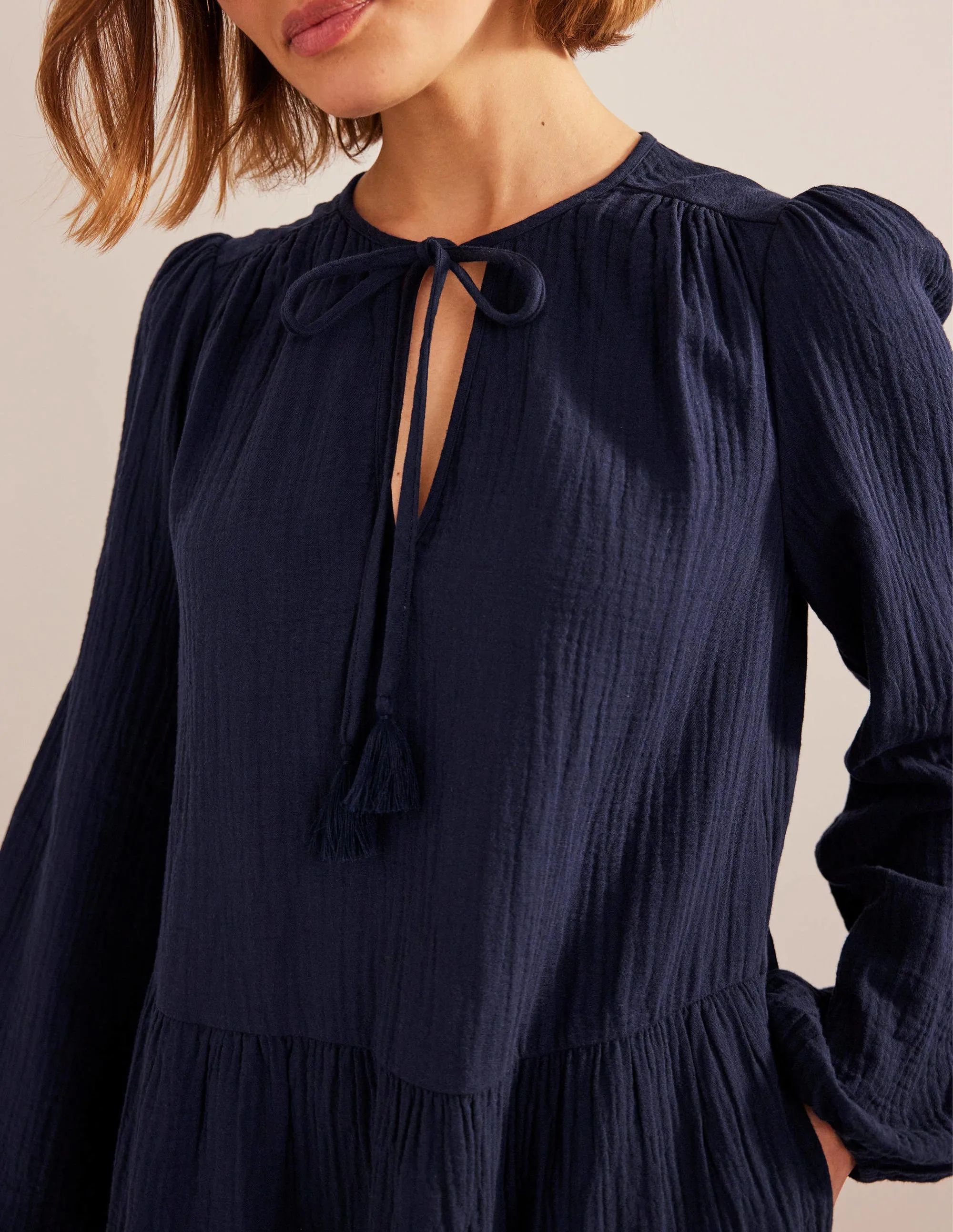 Cheesecloth Mini Dress-Navy