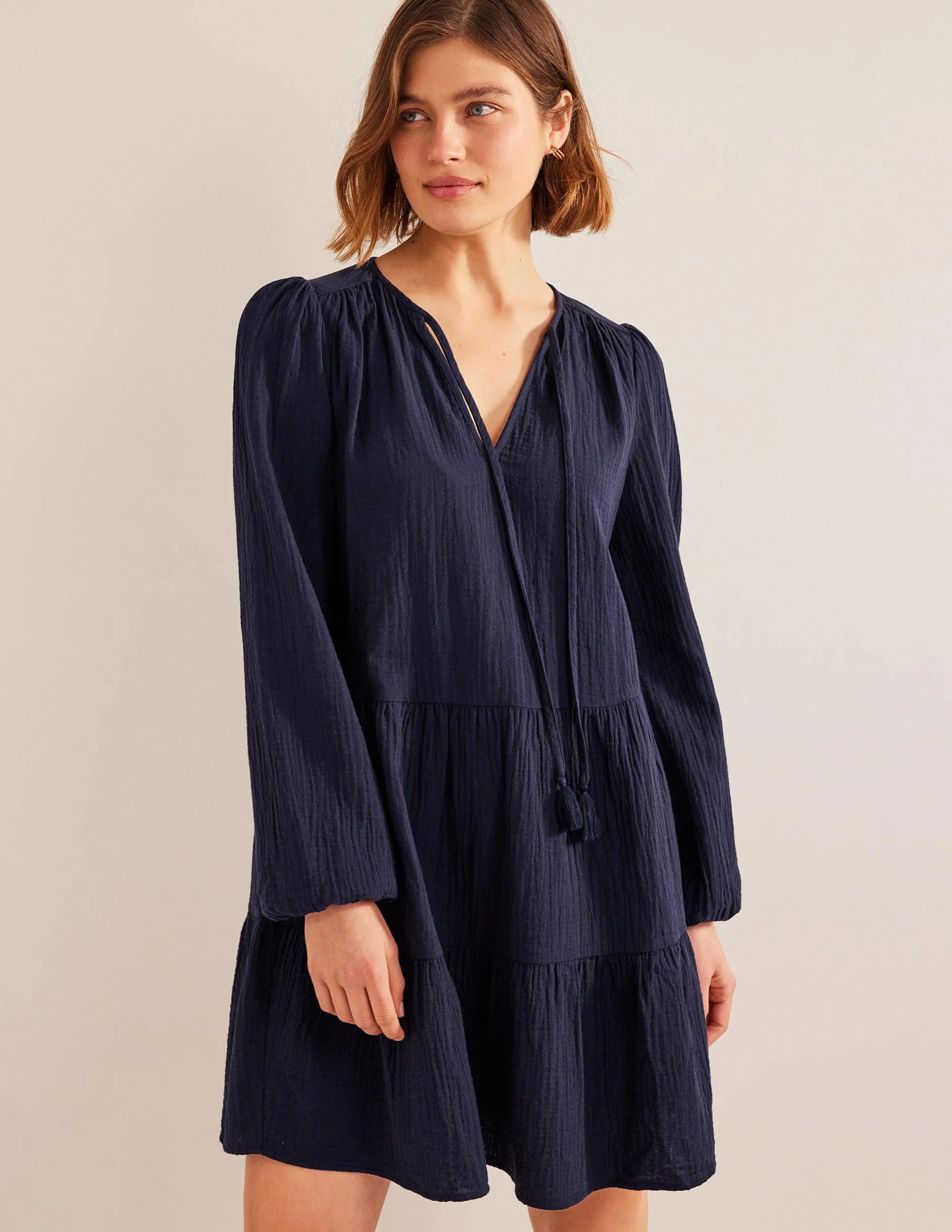 Cheesecloth Mini Dress-Navy