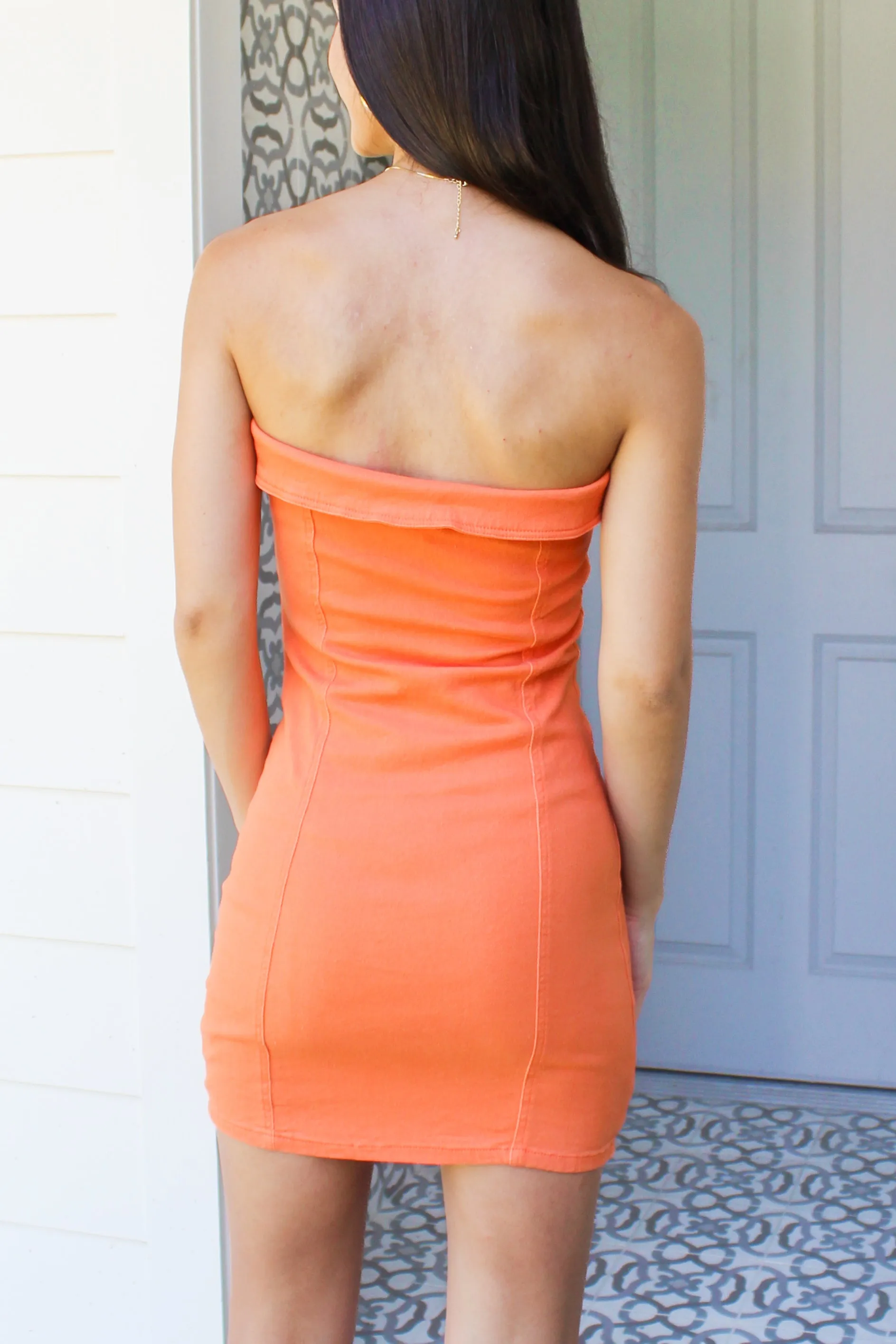 Elegant Edge Denim Tube Dress in Orange