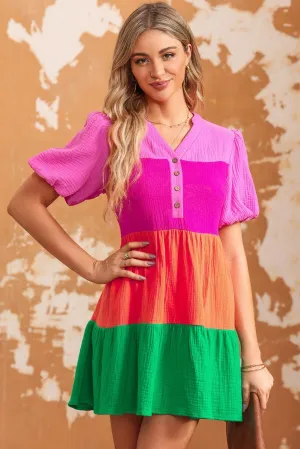 Festive Look Puff Sleeve Color Block Mini Dress