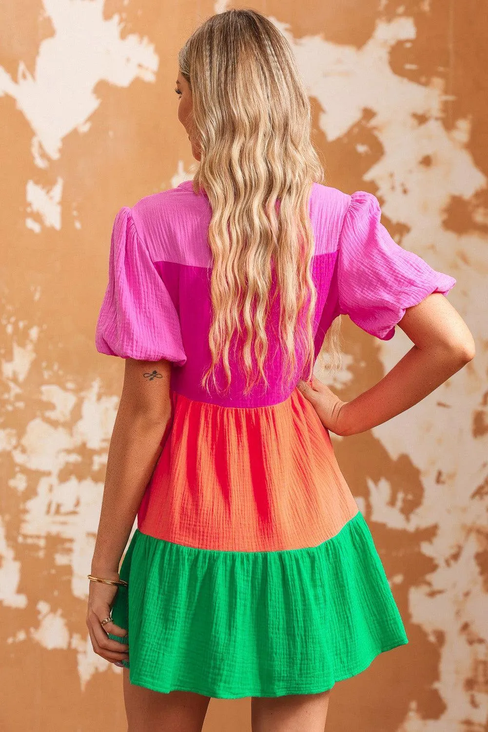 Festive Look Puff Sleeve Color Block Mini Dress