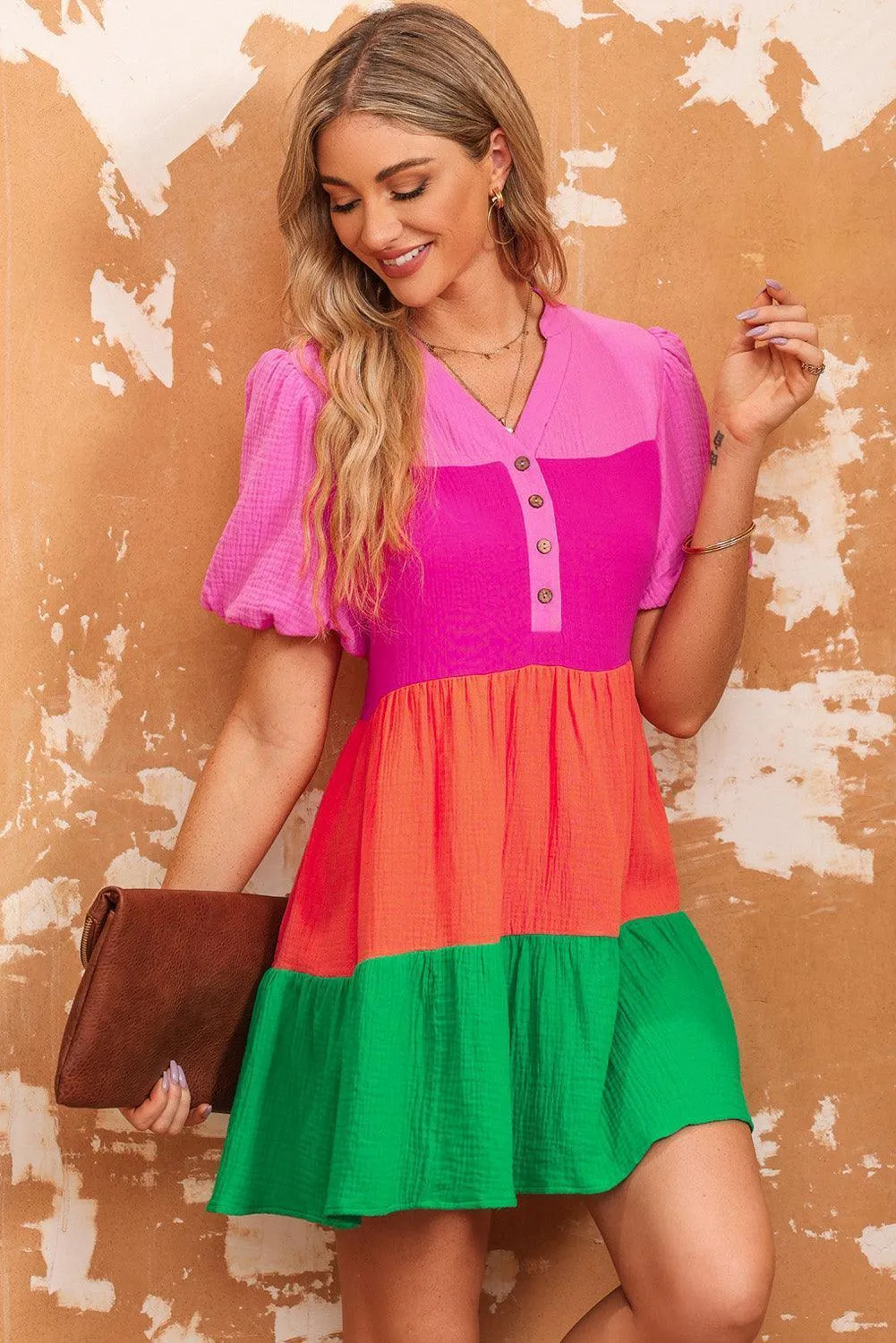 Festive Look Puff Sleeve Color Block Mini Dress