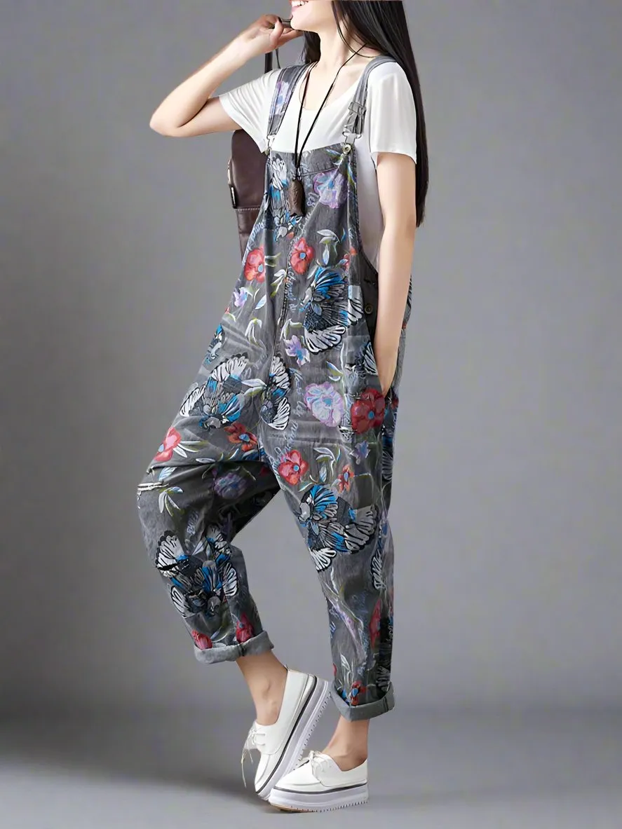 Floral Printed Denim Loose Overalls Dungarees