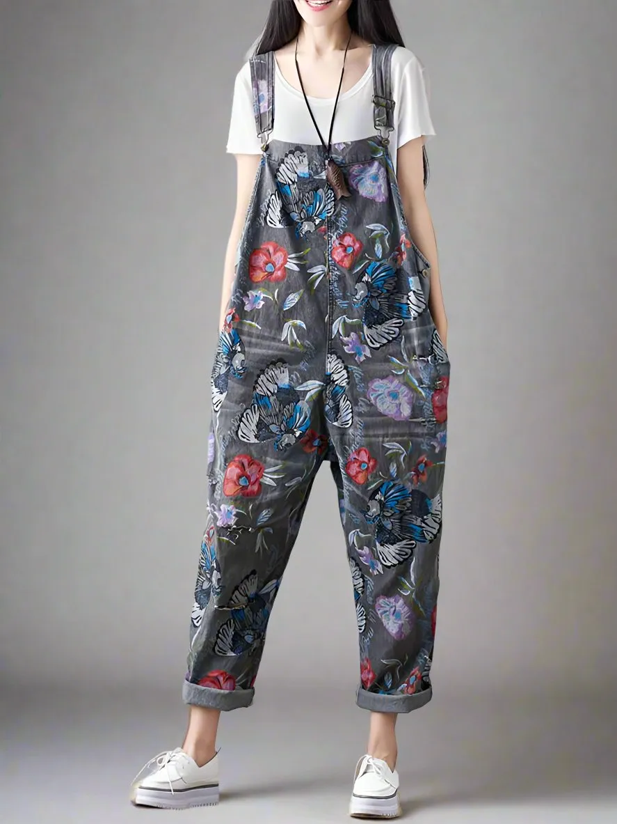 Floral Printed Denim Loose Overalls Dungarees