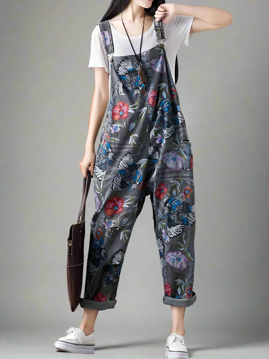 Floral Printed Denim Loose Overalls Dungarees
