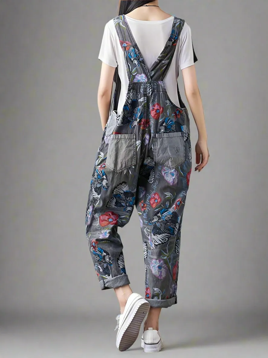 Floral Printed Denim Loose Overalls Dungarees