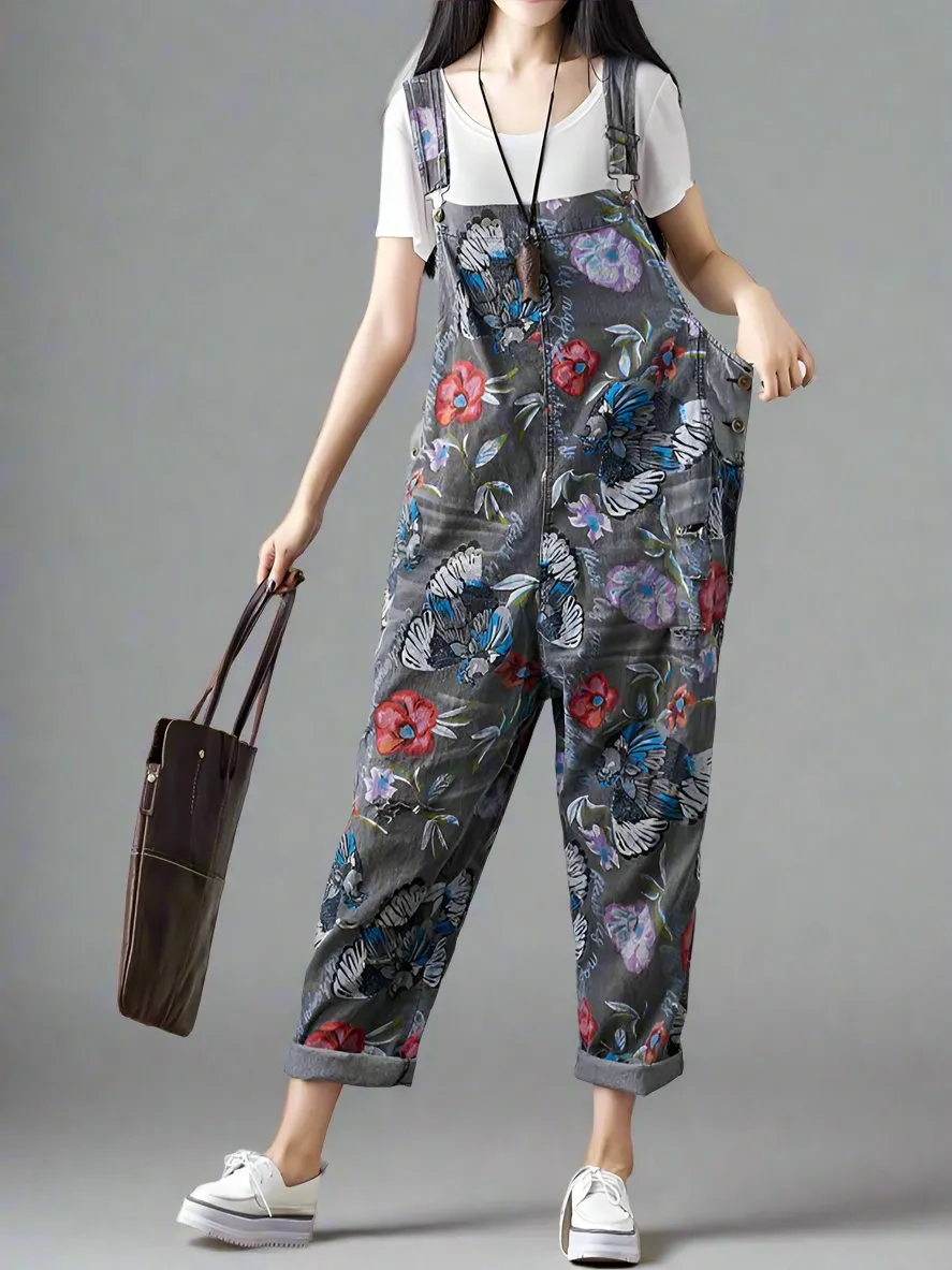 Floral Printed Denim Loose Overalls Dungarees