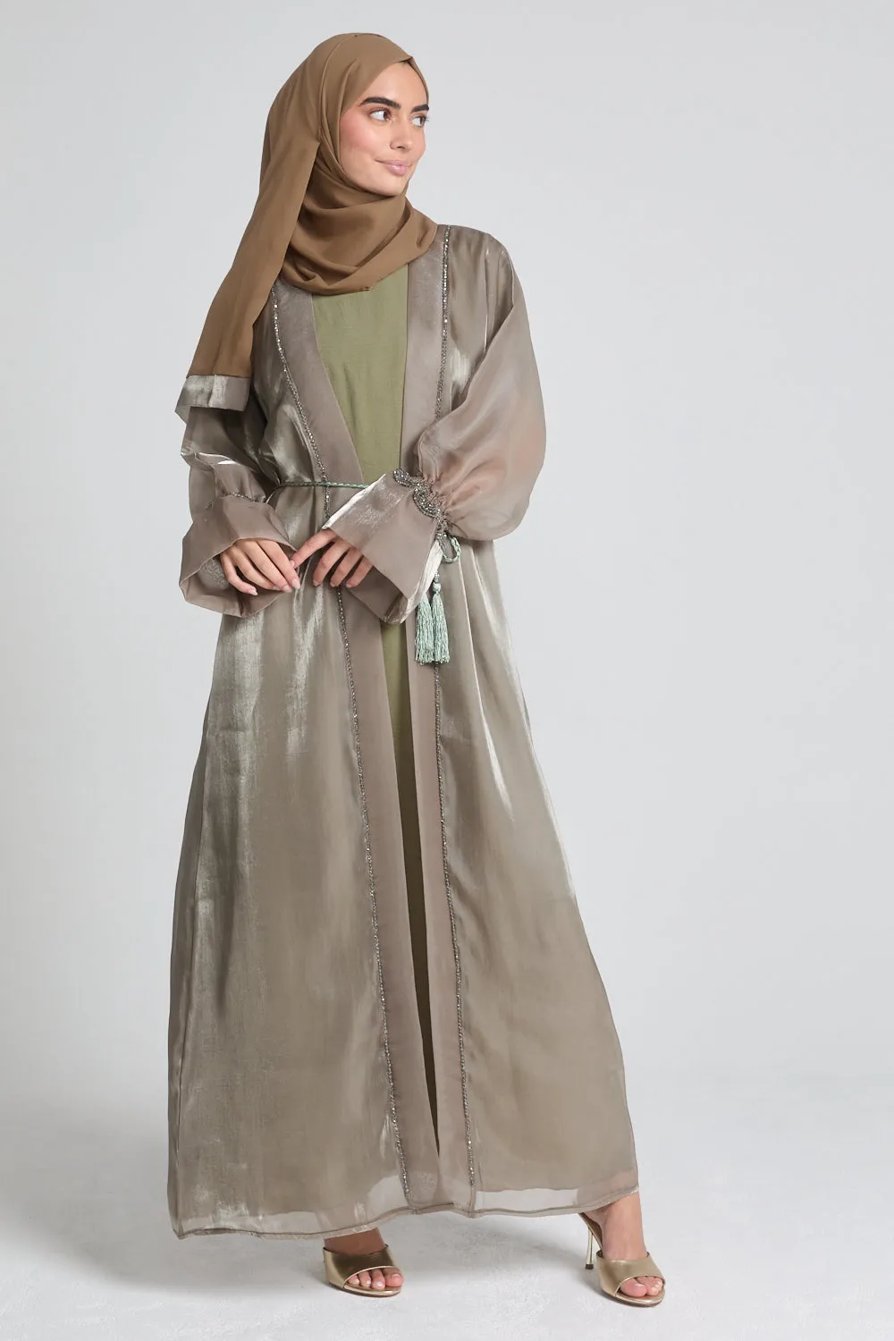 Four Piece Embellished Organza Open Abaya Set - Dusty Olive