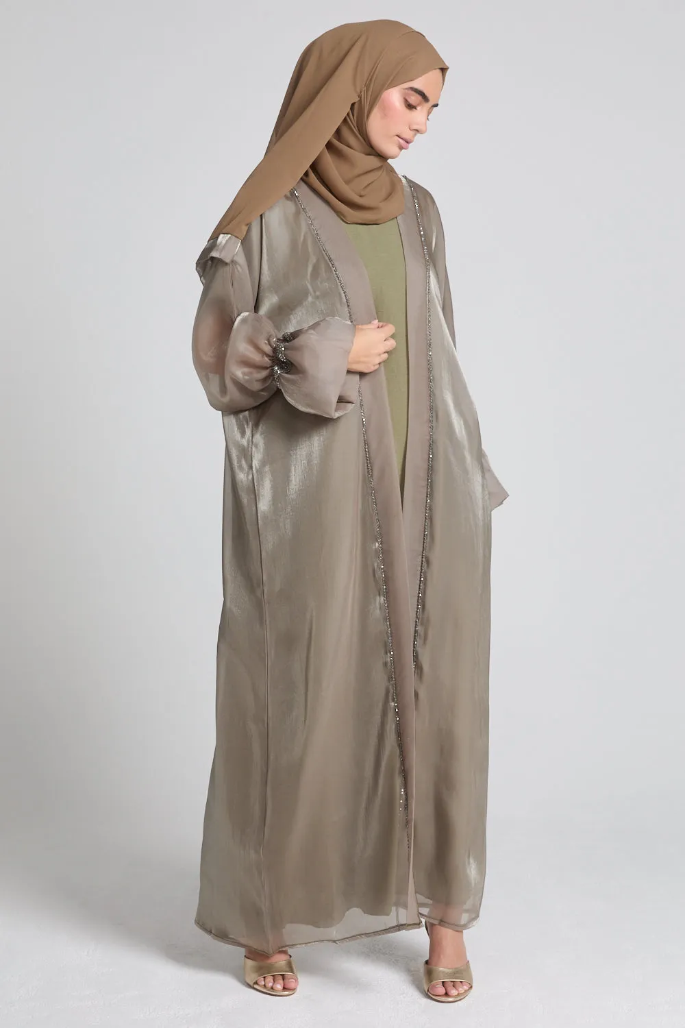 Four Piece Embellished Organza Open Abaya Set - Dusty Olive