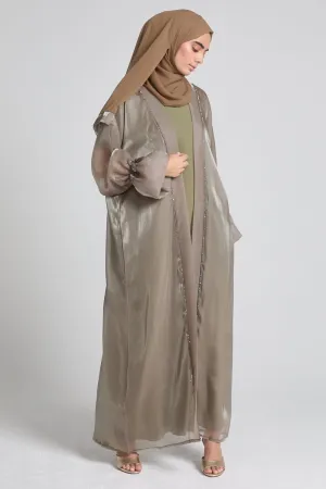 Four Piece Embellished Organza Open Abaya Set - Dusty Olive