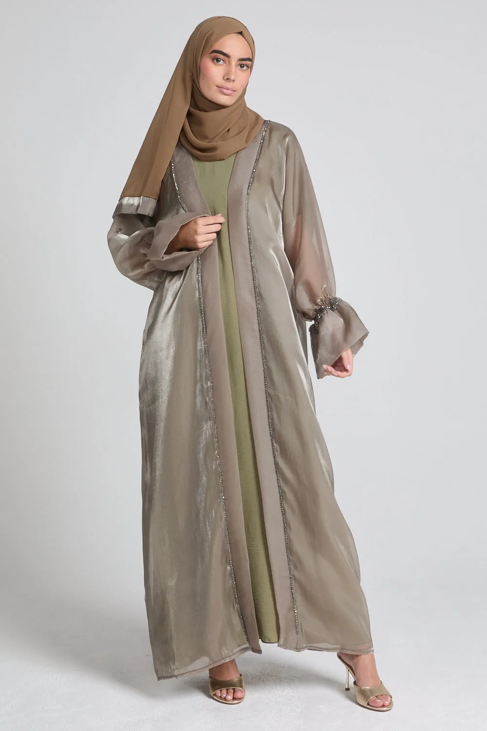 Four Piece Embellished Organza Open Abaya Set - Dusty Olive