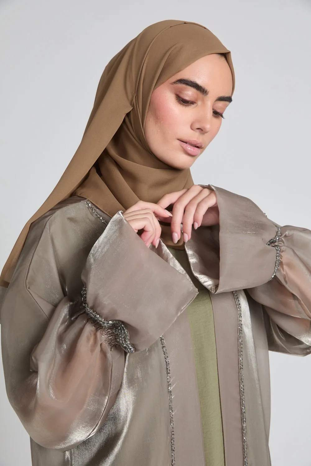 Four Piece Embellished Organza Open Abaya Set - Dusty Olive