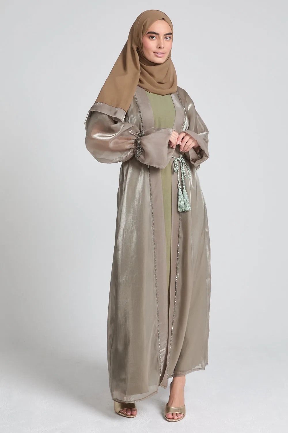 Four Piece Embellished Organza Open Abaya Set - Dusty Olive