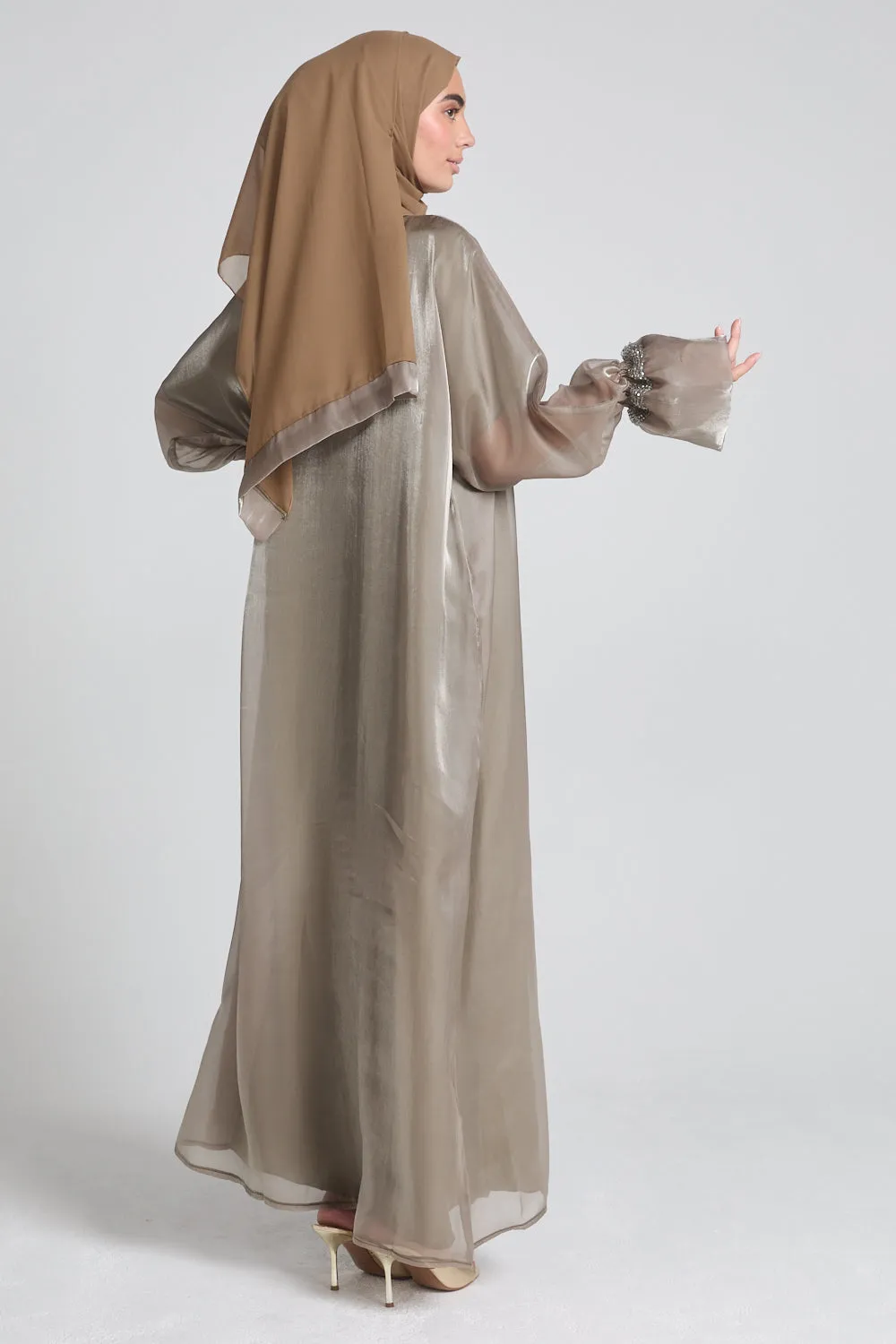 Four Piece Embellished Organza Open Abaya Set - Dusty Olive