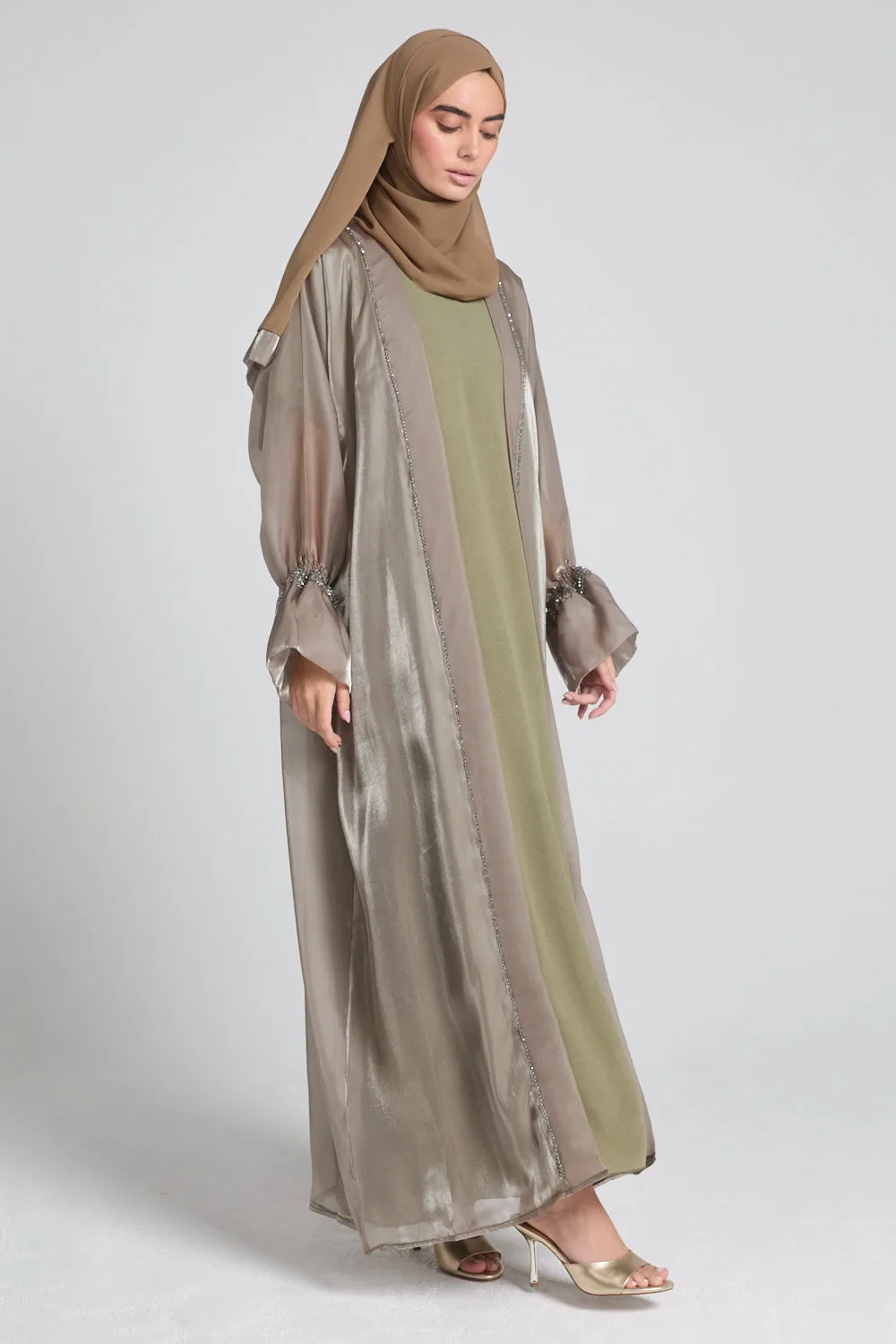 Four Piece Embellished Organza Open Abaya Set - Dusty Olive